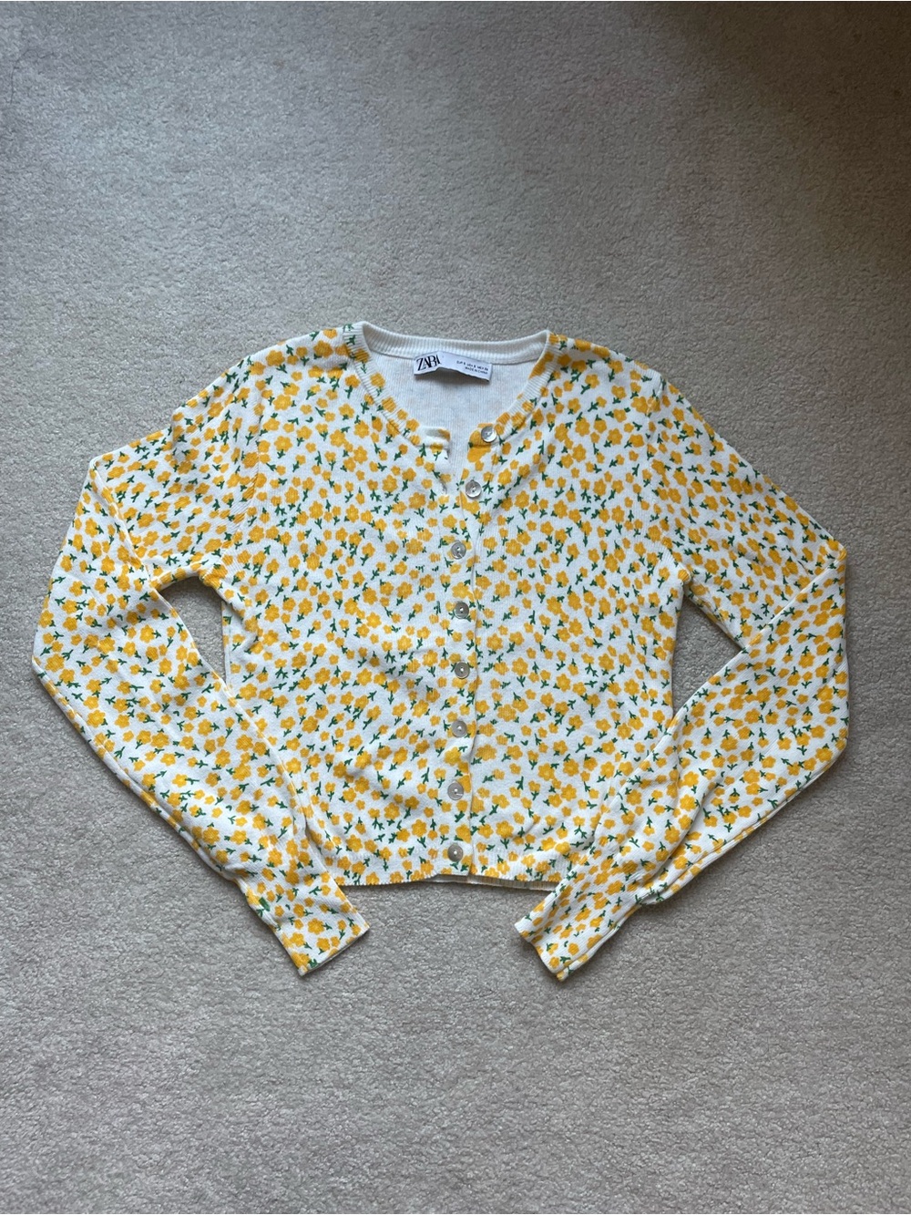 Zara White and Yellow Floral Cropped Cardigan